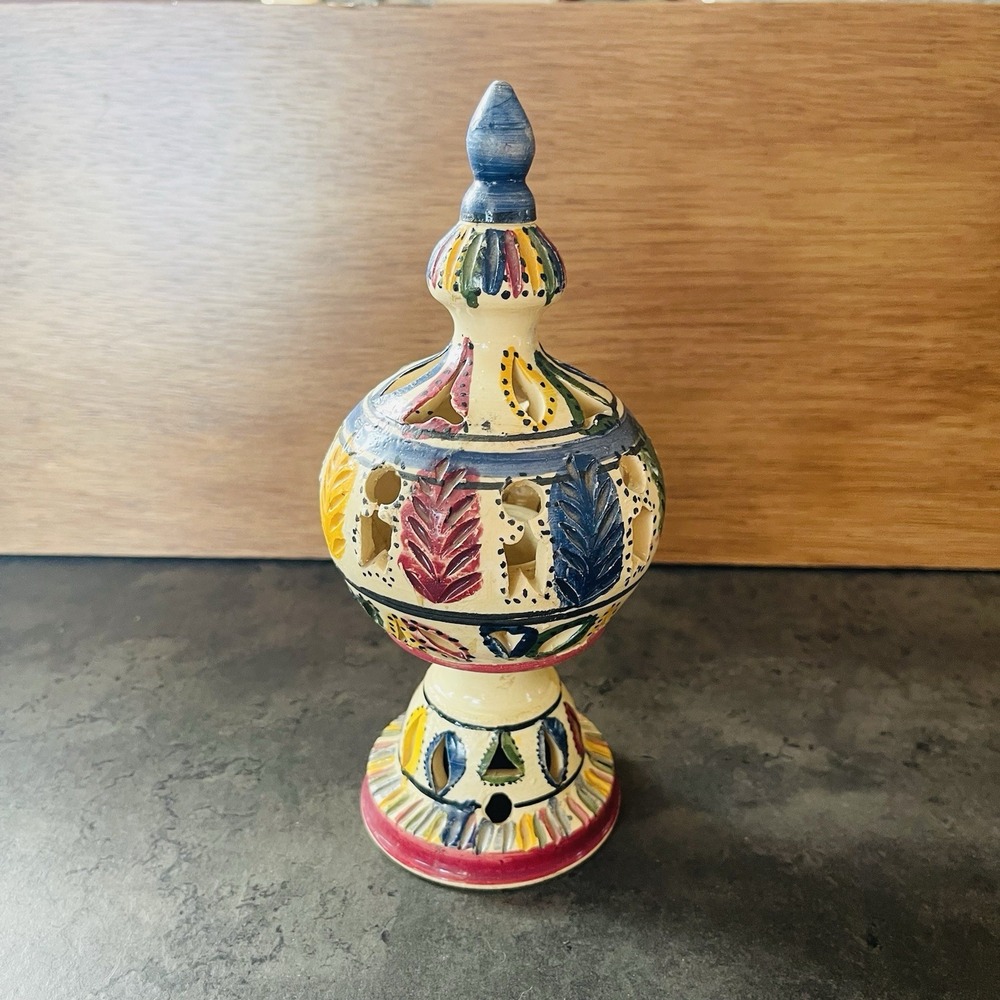 VTG Tunisian Ceramic Lantern Candle Holder Handpainted Colorful Boho Oriental